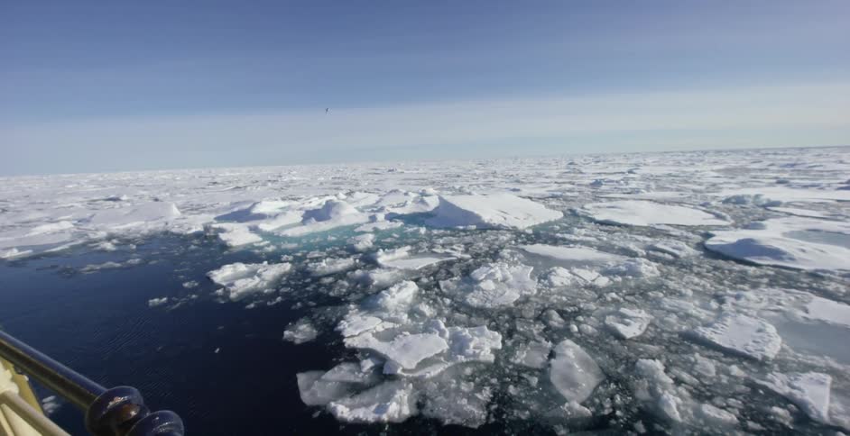 A body of water covered in large ice chunks
