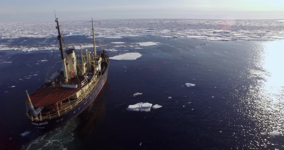A large ship is sailing in icy waters