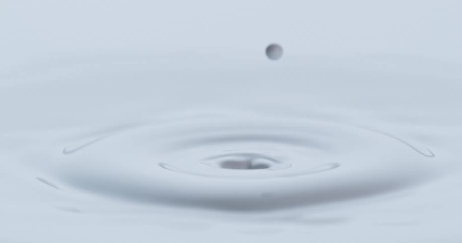 Drops impact white liquid surface creating splashes and ripples
