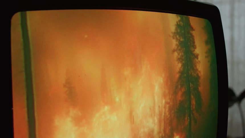 Television near window shows scene of burning forest