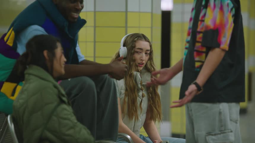 A group of men and women sitting and standing in the subway talking while one girl hyperventilates next to them