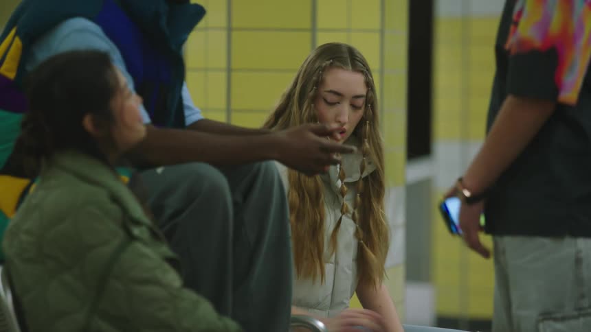 A young woman starts to panic and cries while sitting on a train bench with friends