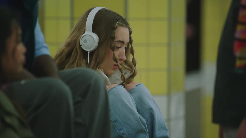 A woman panics in the subway and listens to music