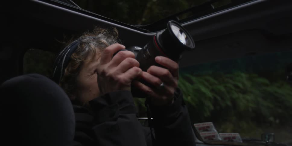 A woman is taking photographs from a moving vehicle