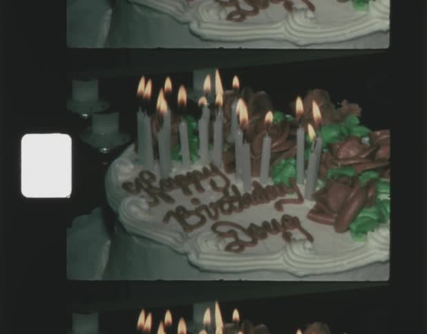 Vhs footage of a birthday cake for doug with many candles and decorative roses