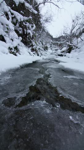 River water flows under frozen cracked surface in snow covered forest
