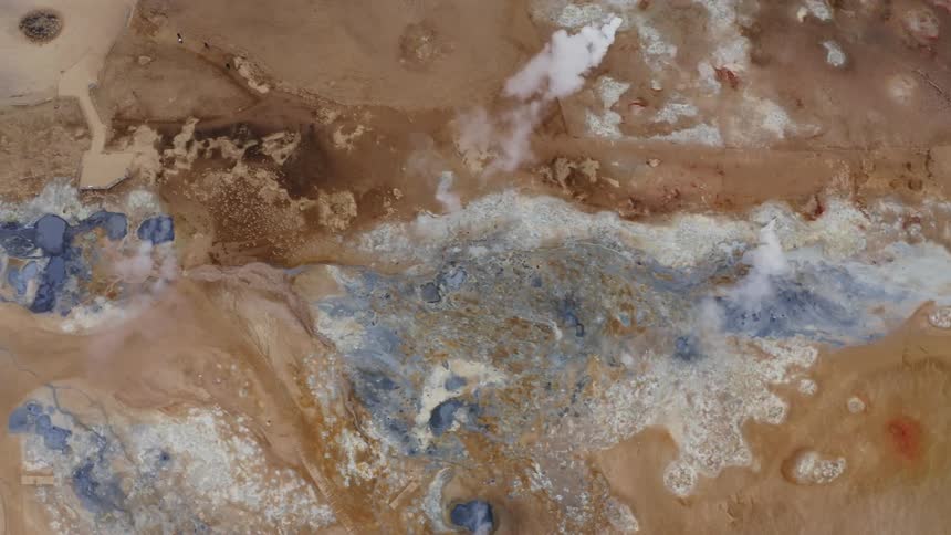 Top down aerial view of geysers on a desert landscape at daytime