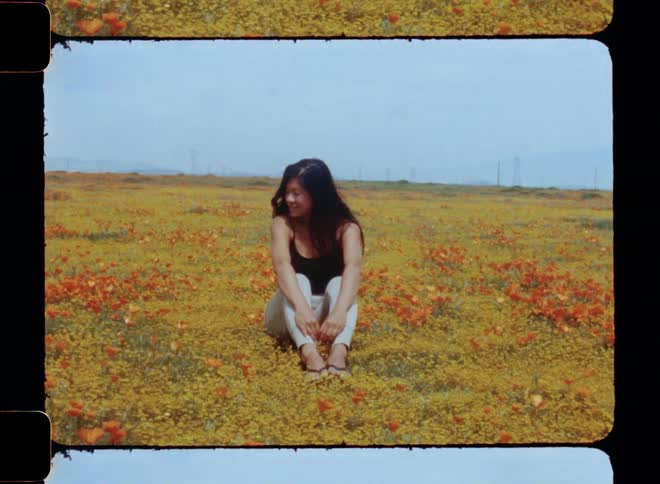 A woman sitting in a field of flowers posing for a picture
