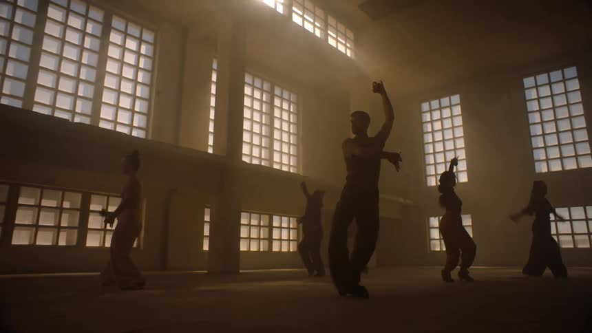 A group of male and female dancers spin and pose in a darkened room illuminated by light coming through nearby windows