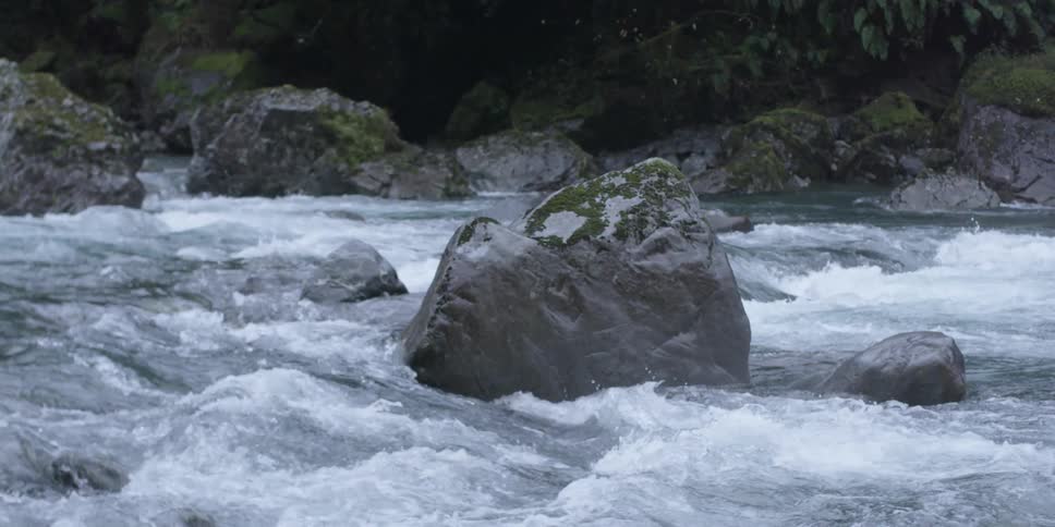The stream has water crashing against large rocks
