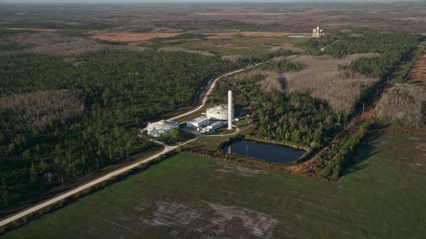 Aerial footage of large water tanks at a farm in Orlando during sunrise on a sunny day