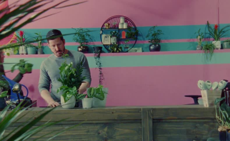 Two people prepare potted plants and flower arrangements
