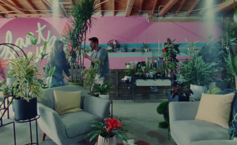 A man and a woman are working to set up a plant display as they move a tall potted plant across the room