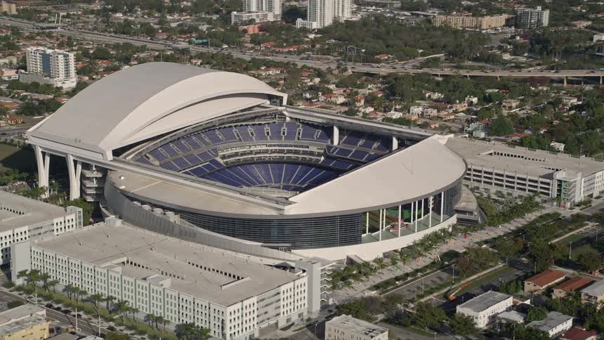 A stunning aerial view of Marlins Park Stadium home of Miami Marlins in southern Florida on a sunny day