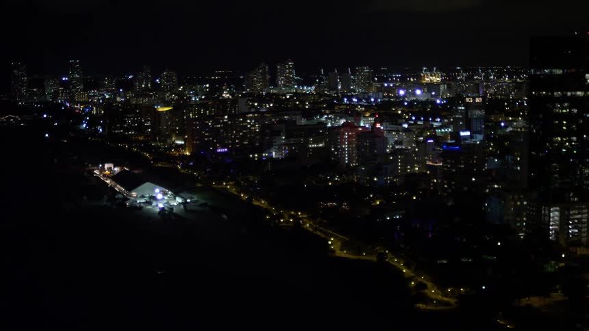 An aerial flyby showcasing the Miami Beach Florida beachfront hotels at night with a clear sky pools and entertainment
