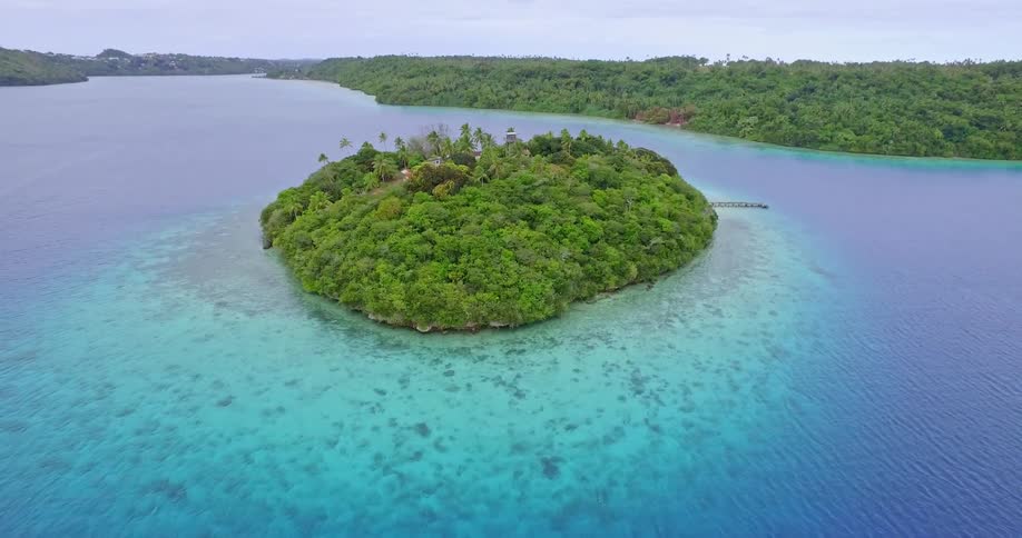 A body of water surrounded by trees with an island