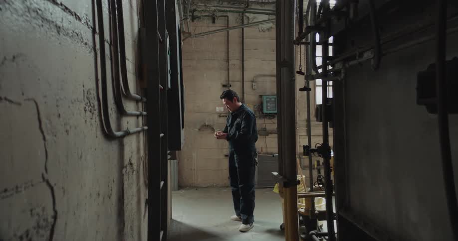 A male employee is working in a building