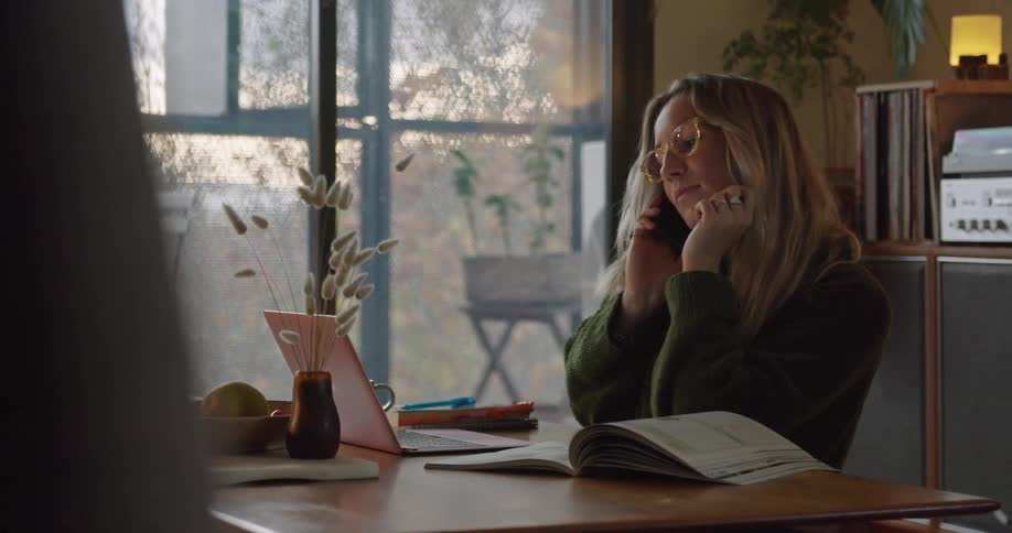 A woman sitting at a desk talks on the phone and uses her laptop