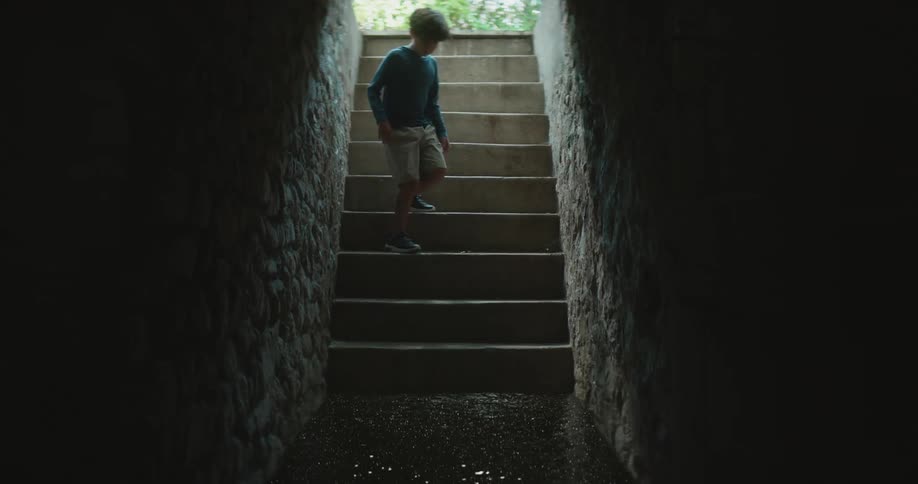 A boy climbs down the dark stairs