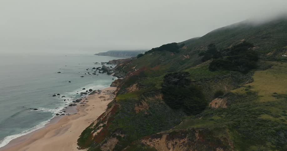 Wide aerial view of a rugged california beach