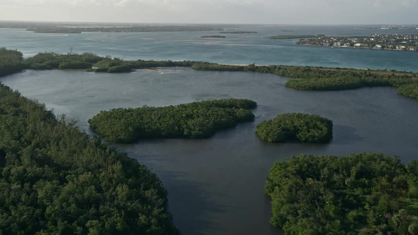Flying over the Saint Lucie Inlet Preserve State Park mangroves on a partly cloudy day in South Florida during the day showcasing the islands meeting the sea