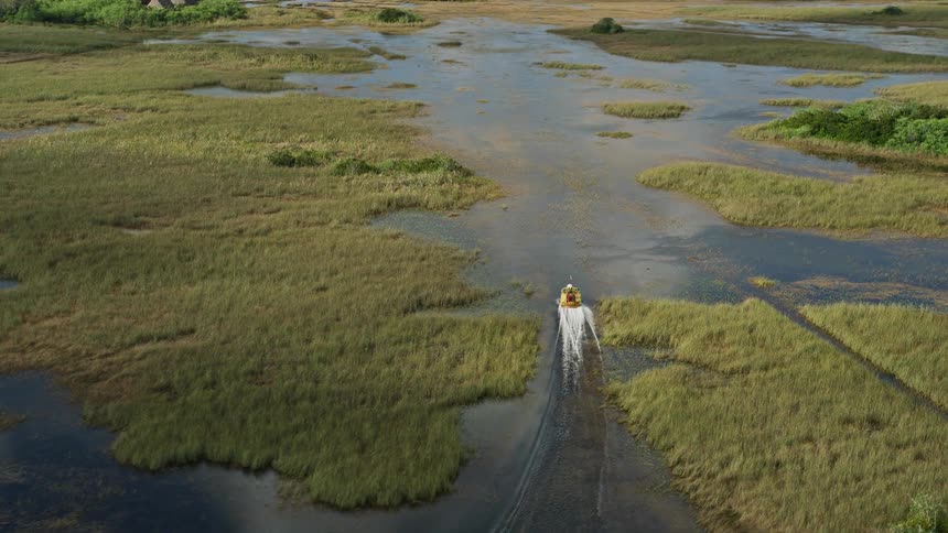 An exciting aerial view of a fanboat speeding through the marshlands of Florida Everglades during daytime
