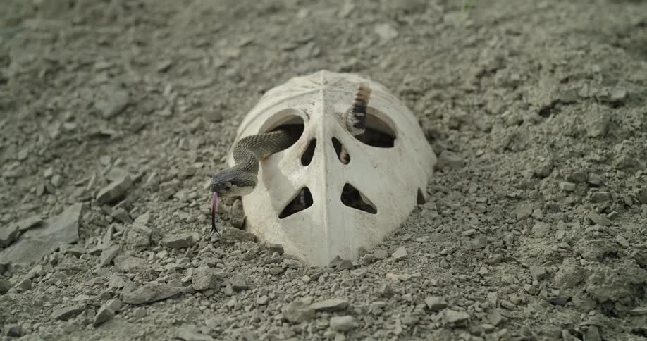 A snake rattles its tail while in a hockey mask