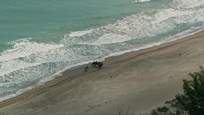 Horseback riders orbiting on the beach by blue ocean waters in Florida