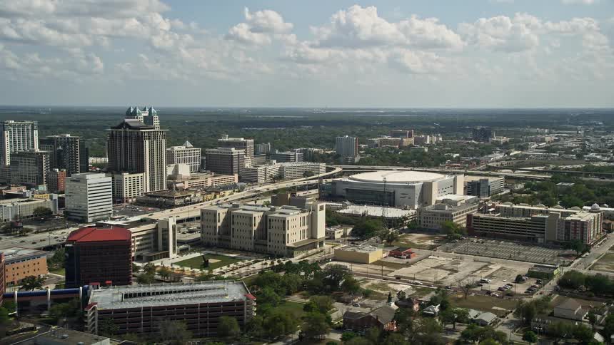 Aerial view of Amway Center arena in Downtown Orlando during a partly cloudy day