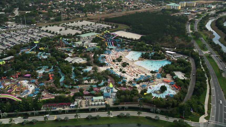 An aerial view of Aquatica Florida water park during a partly cloudy day