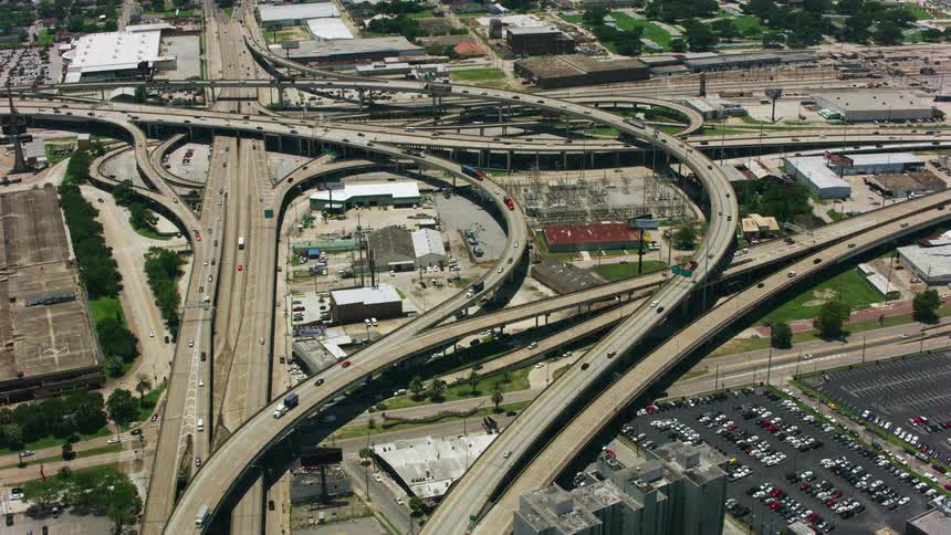 Traffic passes down an elaborate freeway system