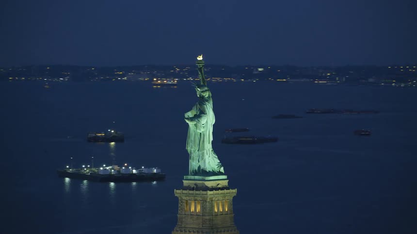 Aerial view of the statue of liberty at night