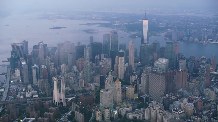 Aerial view of the new york city skyline under the morning mist