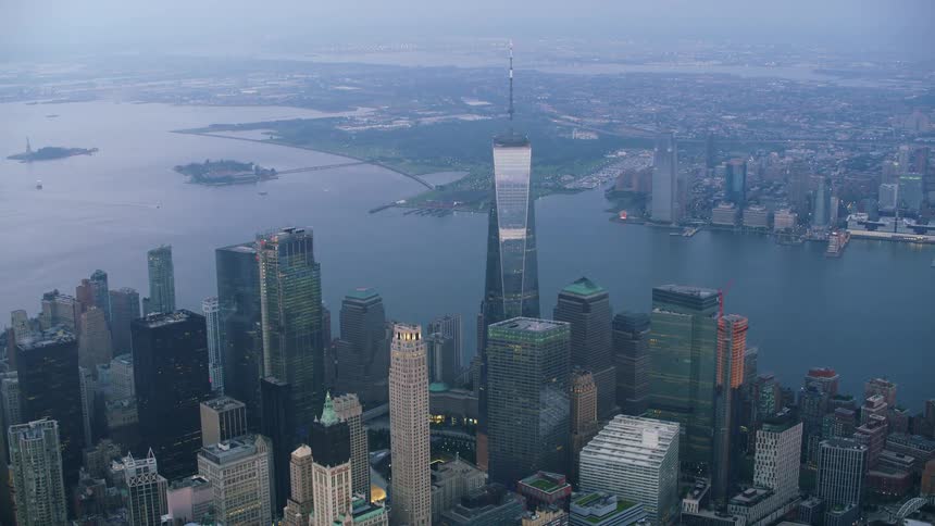 Aerial view of the one world center towering over manhattan at morning