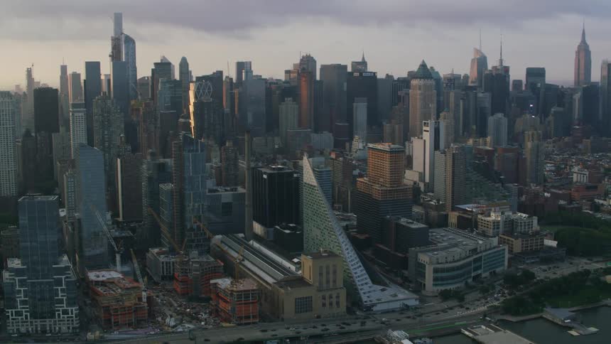 Aerial view of the via 57 west building located in manhattan at evening