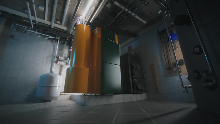 Pipes run across a basement ceiling and down the wall connecting to water tanks