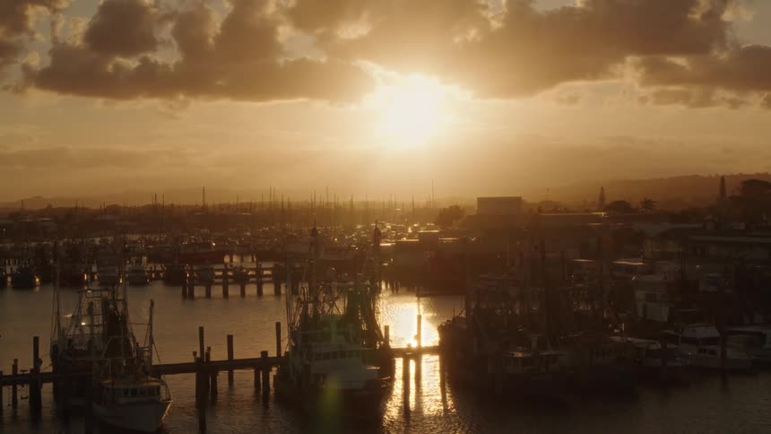 The sun rising over boats docked in on the shore