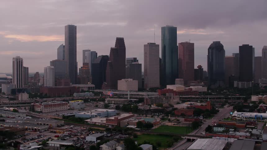 A cityscape dominated by many skyscrapers
