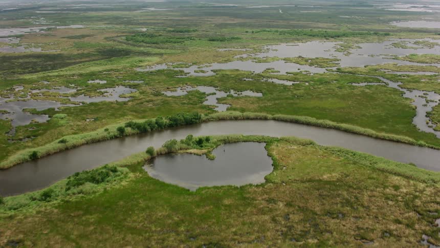 An aerial view of a large marsh