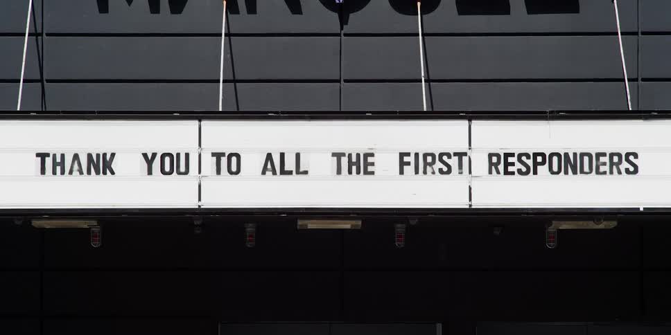 Sign on front of building thanks first responders