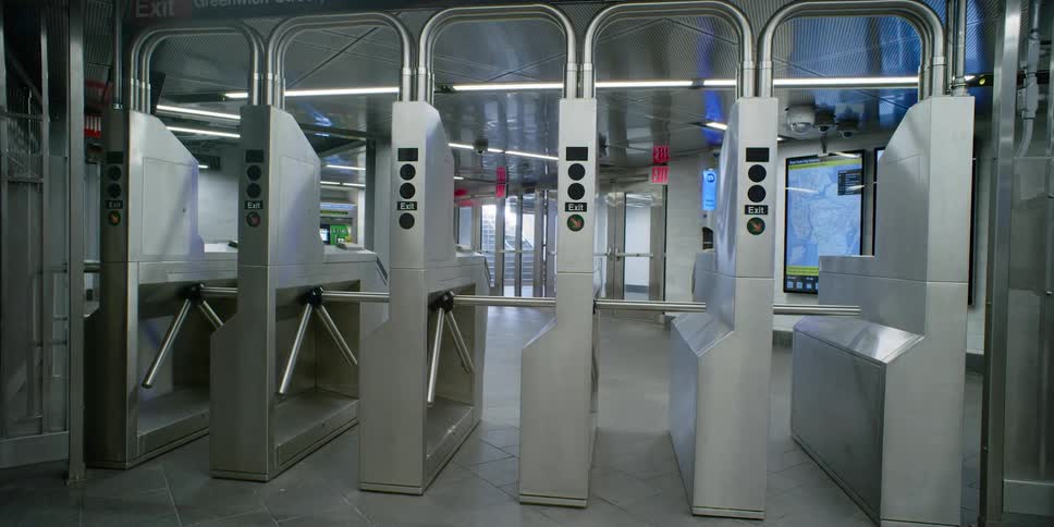 Empty turnstiles in a station