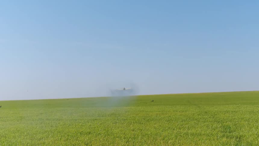 An agriculture plane is flying over the green grass on a sunny day