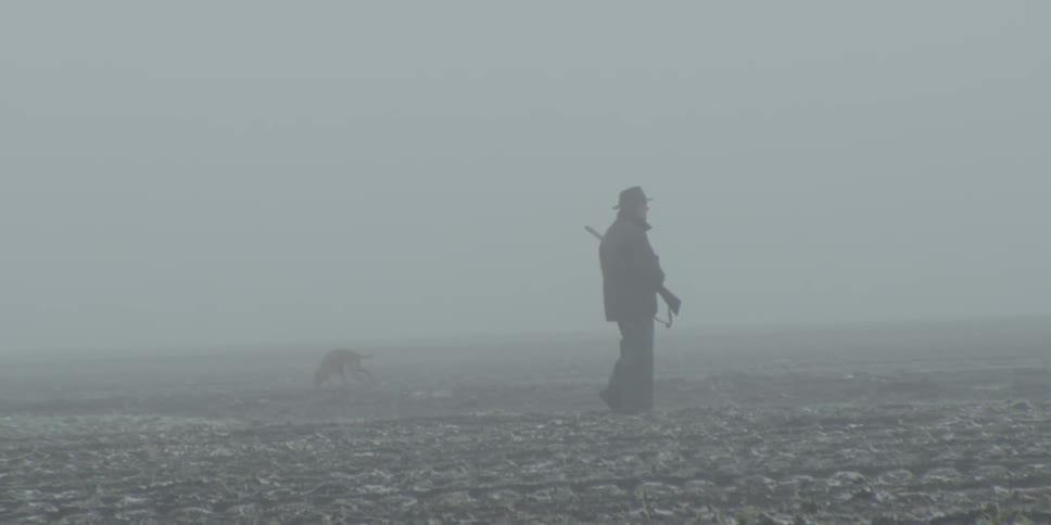 A man carrying a rifle and his dog walk in a foggy field