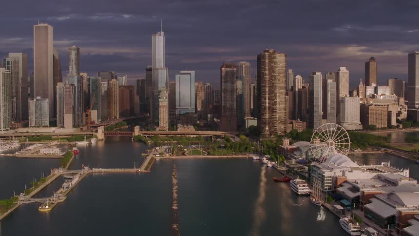 Aerial view of city on the shore of lake michigan