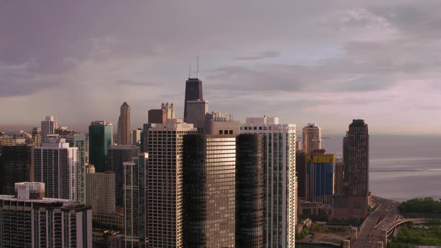 A large metropolitan center dominated by skyscrapers