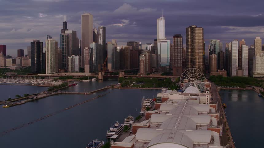 Aerial view of navy pier and city skyline