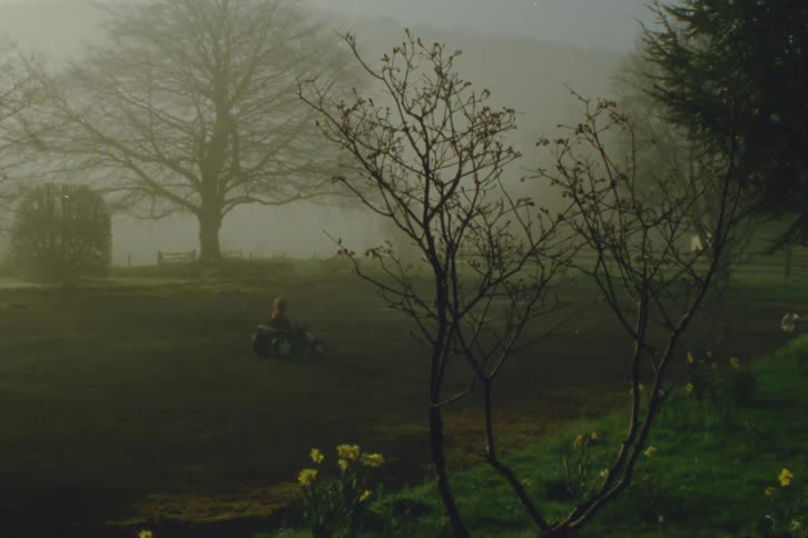 A young boy rides a toy tractor in a lush garden covered in fog