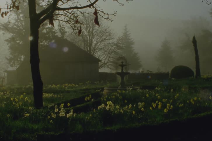 A silhouette of a house in a rural area on a foggy morning