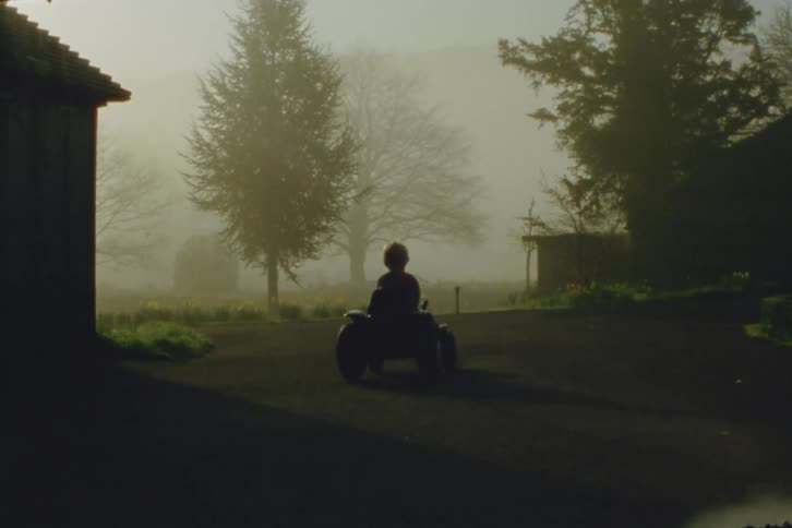 A child drives his big wheels past the dog