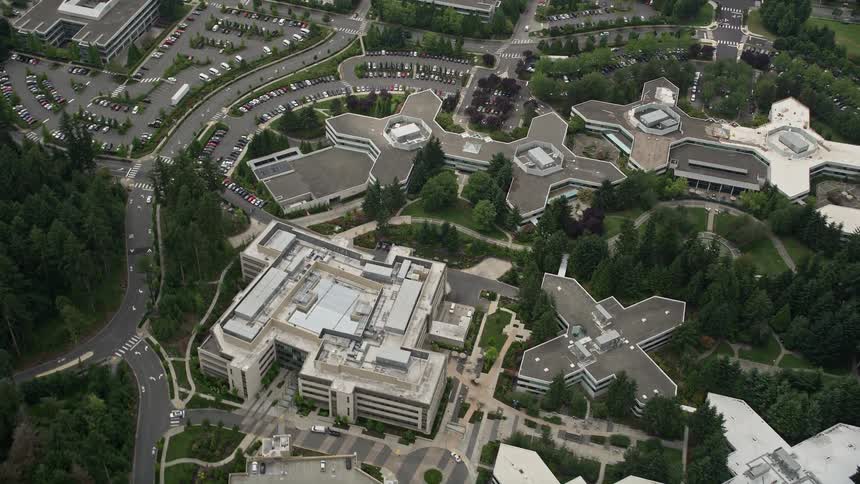 Approaching and tilting to a birds eye view of the Microsoft Headquarters in Redmond WA